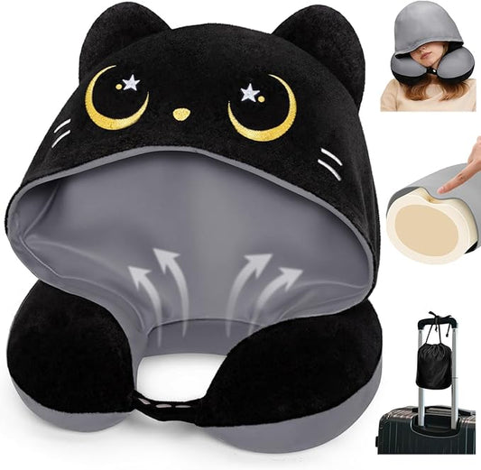 Mewaii Travel Neck Pillow with Hood for Airplanes,Memory Foam,Breathable Ice Silk & Soft Velvet,Double-Sided,Removable to Clean,Adjustable Strap,Portable Travel Pillow for Long Flights Adults & Teens