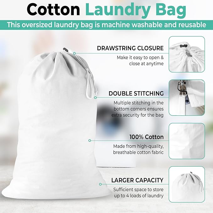 2 Pack - Extra Large Cotton Laundry Bag, Heavy Duty Large Laundry Bags 24 x 36 inch XL Drawstring Travel Organizer Bag Fit Hamper Basket Camp (WHITE, Pack of 2)