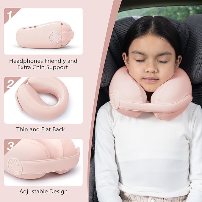 Car Pillow for Little Kids Travel Neck Pillows, Memory Foam Neck Support Travelling Pillow with Washable Cotton Pillowcases and Storage Bag, for Airplane, Train, Flight and Home Use Pink