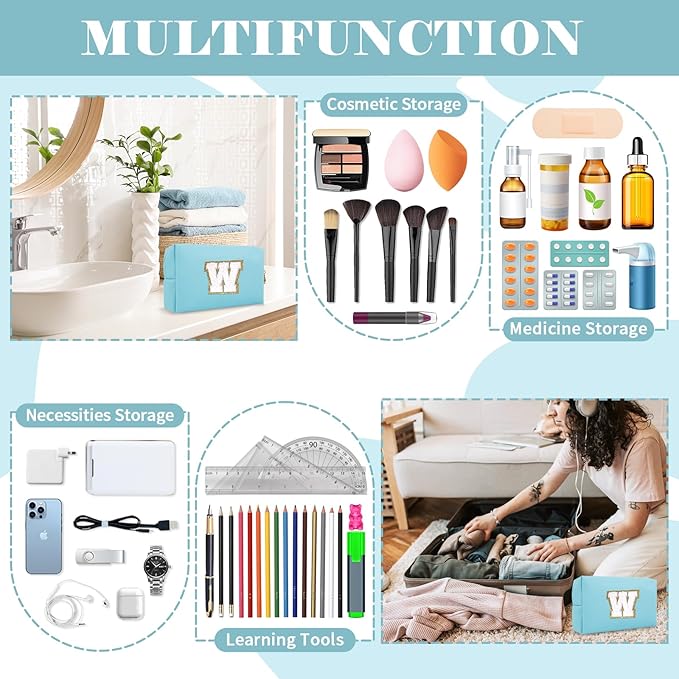 Small Personalized Initial A-Z Preppy Patch Makeup Bag,PU Chenille Letter Travel Cosmetic Pouch with Zipper,Blue Cute Toiletry Bag,Gift Ideal for Teen Girls Women Teacher Bridesmaid,Letter W