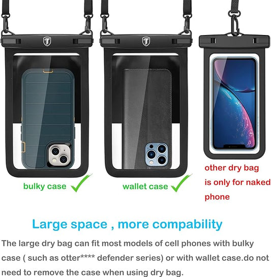 [Up to 10"] Tekcoo Large Capacity Waterproof Phone Case IPX8 [2-Pack] Black Pouch Lanyard Vacation Dry Bag for iPhone 17/16/15/14/13/12 Pro Max/Pro/Air/SE, Galaxy S25/S24 FE/S23/S22/A17/A15/A14/A36