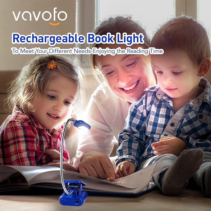 VAVOFO Rechargeable Book Light for Reading in Bed Kids, 7 LED Reading Light with 9-Level Warm Cool White Daylight, Eye Care Lamp with Power Indicator for Bookworms (Royal Blue)