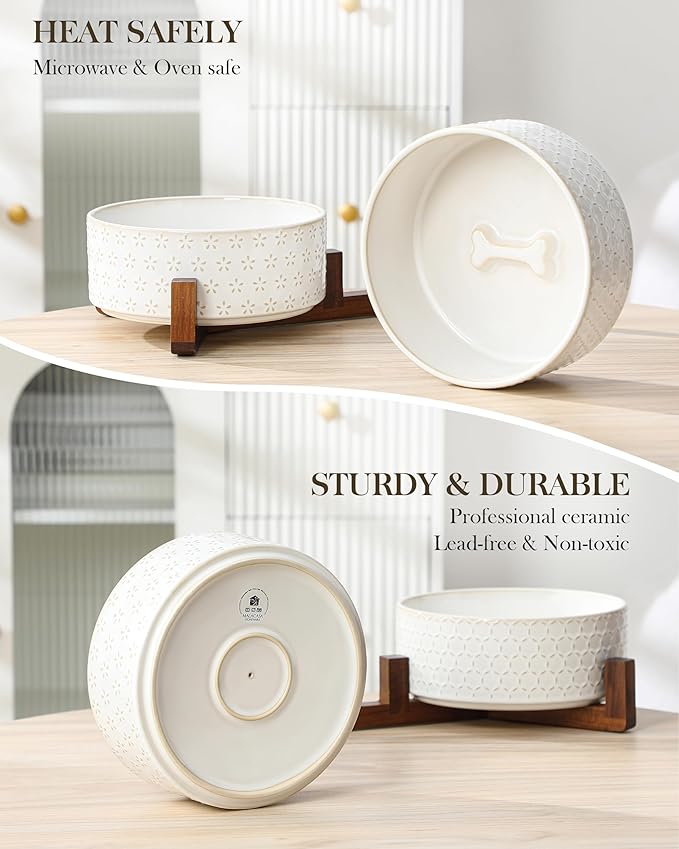 MALACASA Dog Bowl Set with Walnut Wood Stand, 6 Cups Ceramic Pet Bowls for Puppy Dogs, Dual Food and Water Bowls with Non-Slip Base, Basic Bowls for Your Dog, Five-Leaf Grass & Honeycomb