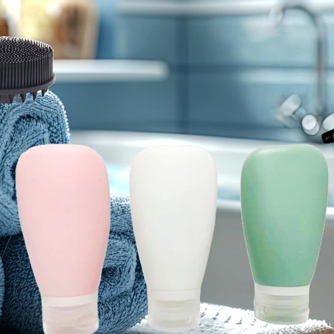 Travel Bottles for Toiletries, TSA Approved 3oz (90ml) Leak Proof Silicone Refillable Squeeze Travel Size Containers BPA Free Air Travel for Shampoo, Lotions, 3-pk (Pink-White-Teal)