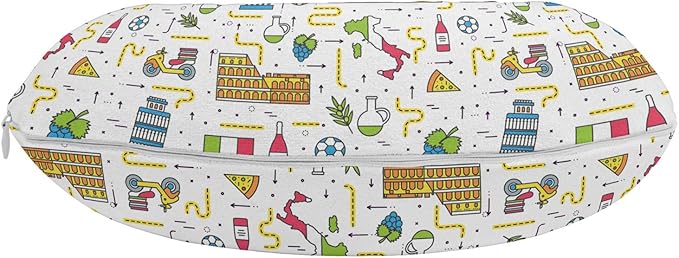 Ambesonne Italy Travel Pillow Neck Rest, Italian Symbols Historical Places Famous Foods and Tricolor Flag Art Print, Memory Foam Traveling Accessory for Airplane and Car, 12", White Blue
