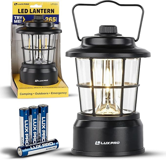 LUXPRO Retro LED Lantern - Battery-Powered Emergency Lantern - Water Resistant - Bright LED Lamp for Indoor & Outdoor Use - Use for Tents, Hiking or Hurricane Prep (Black, Pack of 1)