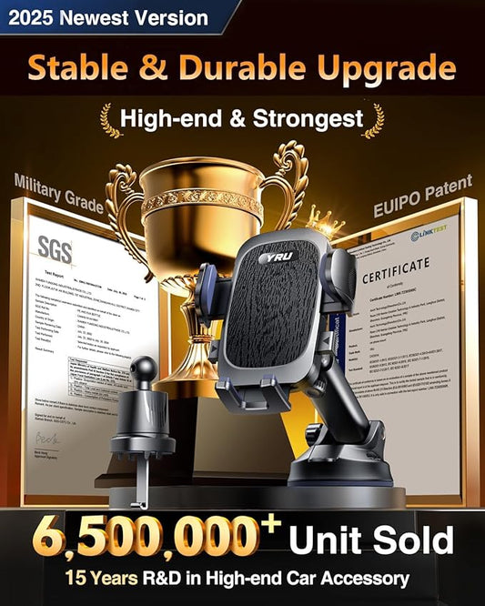 YRU True Military-Grade [360° Rotation Suction] 2025 Ultimate Car Phone Holder Mount 【90+LBS Safest Strongest & Patent Certs】 Dashboard Windshield Vent for iPhone 17 16 Pro Max Samsung, Jet Black