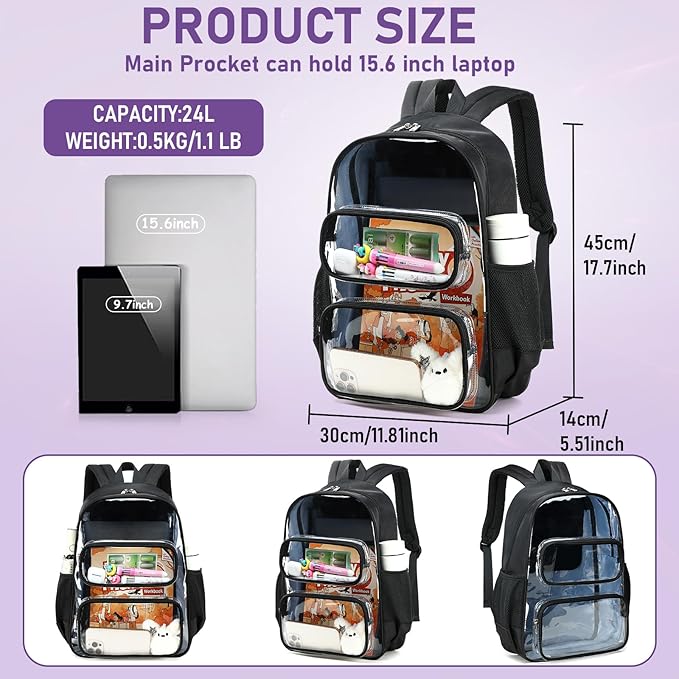 CAMTOP Clear Backpack Heavy Duty Transparent Bag See Through BookBag for Student School Work Festival Sport Travel (Black Cloth)
