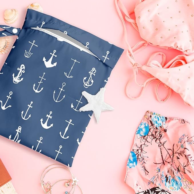 2 Pcs Wet Bag, Wet Dry Bag, Wet Bag for Swimsuit, Travel, Beach, Pool, Stroller, Diapers, Dirty Yoga Gym Clothes, Toiletries, Makeup Bag, Beach Bag Ocean Starfish Anchor Décor Birthday Gift for Women.