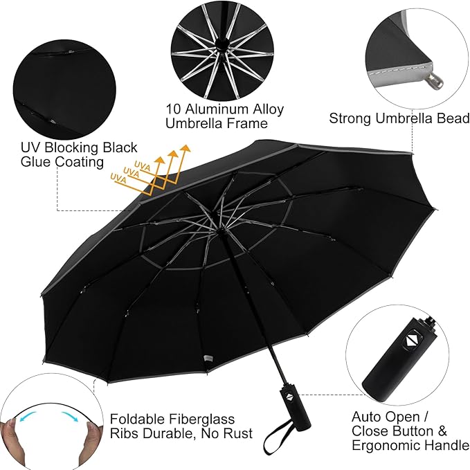 Satol Extra Large Golf Umbrella, 46/54/62 Inch Windproof 10 Ribs Vented Double Canopy Reflective Strips Automatic Open/Close Waterproof UV Protection Portable Compact Umbrella for Outdoor & Travel