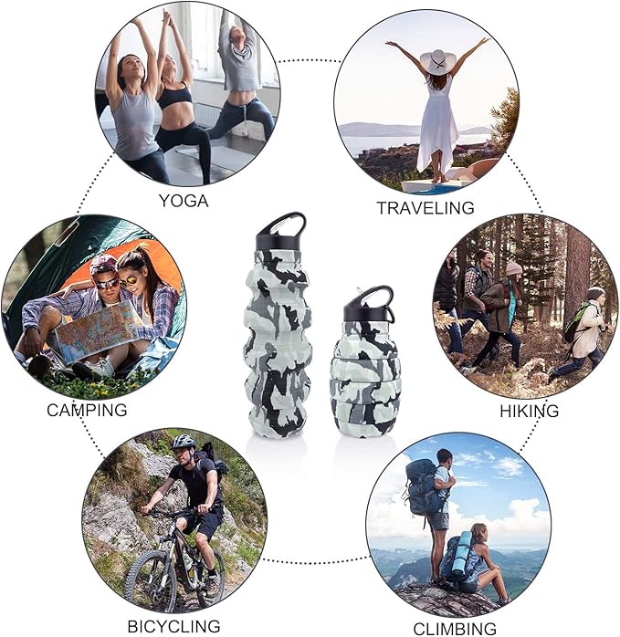 QiCheng&LYS Collapsible Water Bottle – Reuseable BPA Free Silicone Travel Water Bottle Collapsible Very Suitable for Sport Hiking, Camping and Outdoortravel -19.5oz/580ML（Camouflage light grey）