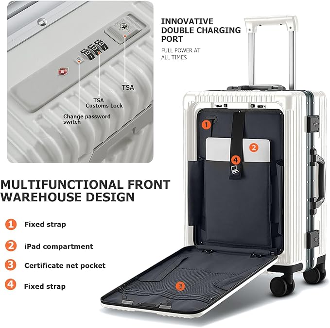 feilario 24in Aluminium Frame PC Hard Shell Spinner Wheels Luggage, Built-In TSA lock Carry on Suitcase, with Cup Holder, USB Port, Phone Holder