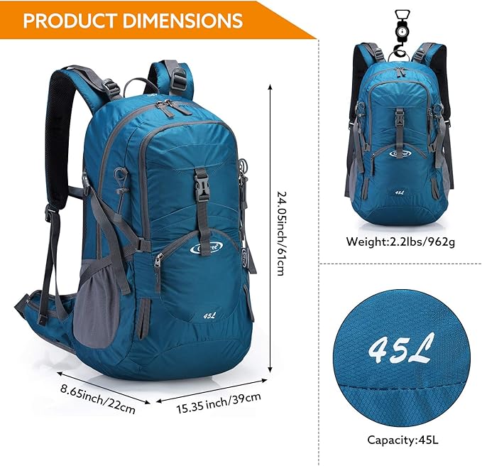 G4Free 45L Hiking Travel Backpack Waterproof with Rain Cover, Outdoor Camping Daypack for Men Women (Grey Blue)