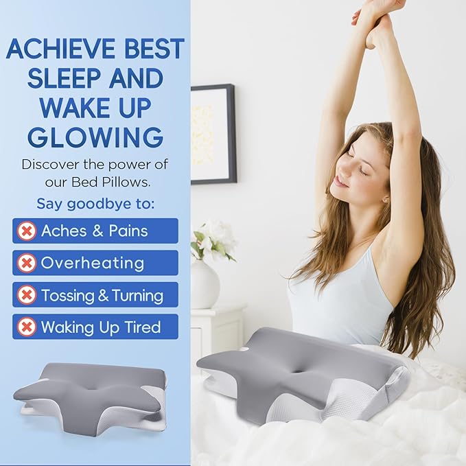 Effective Pain Relief Cervical Neck Pillow for Sleeping, Memory Foam Pillows for Neck Support, Odorless Contour Side Pillow, Ergonomic Bed Pillow for Back Stomach Sleeper (Grey and White)