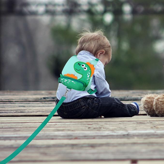 Accmor 3 in 1 Toddler Harness Leash + Baby Anti Lost Wrist Link, Cute Dinosaur Kids Safety Harness Tether, Kids Walking Wristband Assistant Strap Belt for Parent Boys Outdoor Activity (LightGreen)