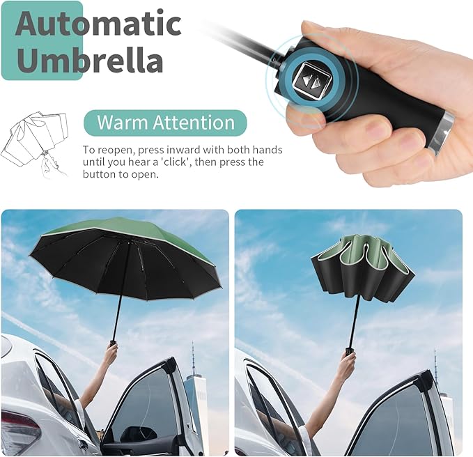 Yoobure Inverted Windproof Travel Umbrella - Automatic Umbrellas for Rain, Compact Folding with Reflective Stripe, Portable Large for Backpack, Lightweight with Sun UV Protection
