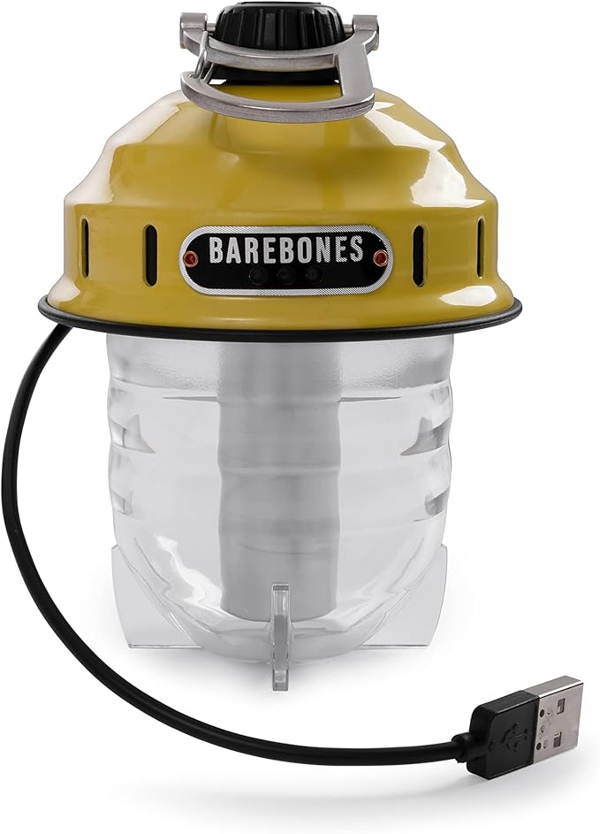Barebones Beacon Hanging Light – Dusty Yellow, Rechargeable LED Camping Lantern with Adjustable Brightness – Weatherproof Vintage-Style Hanging Lantern for Outdoor Adventures and Year-Round Use