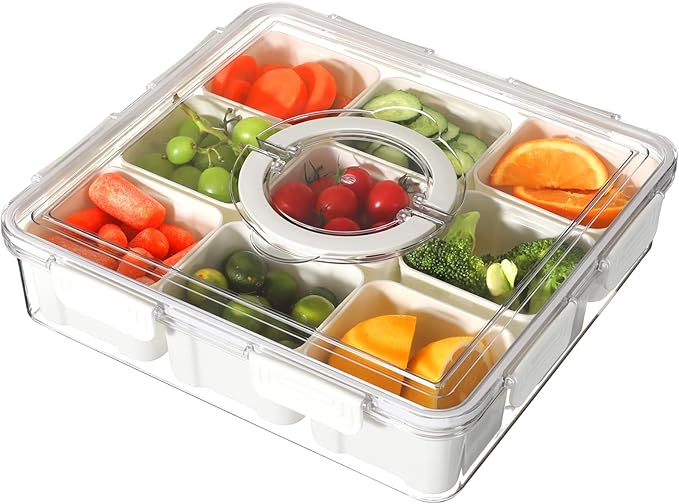 Taiuloo Divided Serving Tray with Airtight Lid and Handle, 9 Compartment Snackle Box Container, Portable Snack Platters, Clear Fridge Organizer & Food Storage for Veggie, Fruit, Charcuterie, Nuts