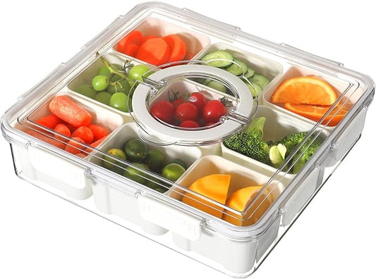 Taiuloo Divided Serving Tray with Airtight Lid and Handle, 9 Compartment Snackle Box Container, Portable Snack Platters, Clear Fridge Organizer & Food Storage for Veggie, Fruit, Charcuterie, Nuts