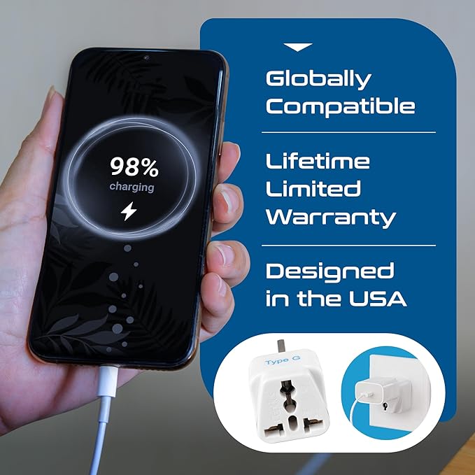 Ceptics UK, Hong Kong, Ireland, UAE Travel Plug Adapter (Type G) - 3 Pack [Grounded & Universal] (GP-7-3PK), White, Standard