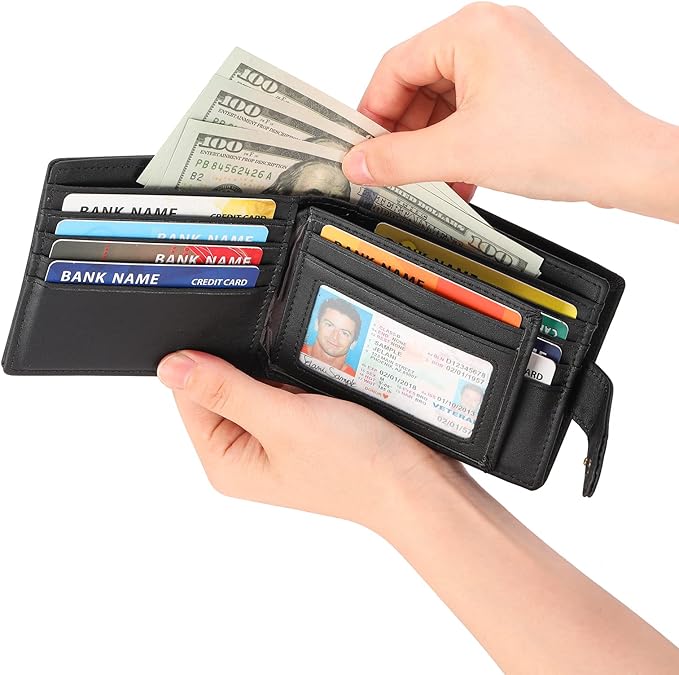 GOIACII Mens Wallet Large Capacity Genuine Leather RFID Blocking Bifold Wallets for Men with ID Window and 15 Card Slots