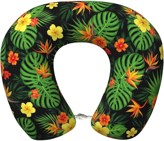 Support Neck Pillow for Youth Travel, Washable Airplane Chin Supporting and Relax U Shaped Pillows Tropical Hawaiian Hibiscus Flowers