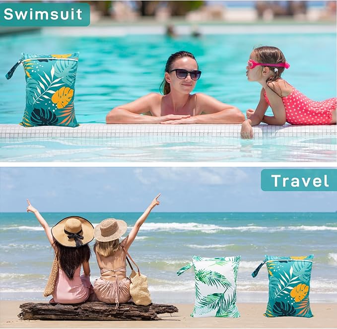 Wet Dry Bag Waterproof Reusable Wet Bag for Swimsuit, Travel, Beach, Pool, Bathing Suit, Diapers, Dirty Yoga Gym Clothes Daycare Organizer One Zippered Pocket (green leaf 2)