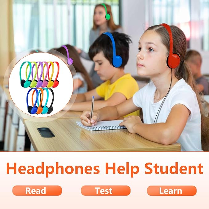 Classroom Headphones Bulk 50 Pack for School,Wholesale Earphones Class Set of Headphones for Students Testing On Line Learning Adult 3.5mm Jack (10 Multi Color)