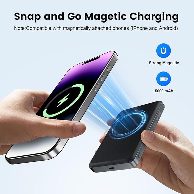 Magnetic Portable Charger Power Bank 5000mAh, 15W Ultra Slim Fast Charging Wireless Charger, Travel Essential for iPhone 17/16/15/14/13/12 Pro, iPad, Android, Metal Shell with USB-C Cable (Grey)