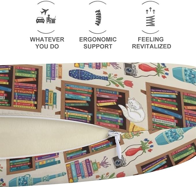 Breathable Memory Foam Travel Pillow U Shaped Chin Head Support Sleeping Cat Bookshelf Library, Removable Washable Cover for Airplane Car Office Pain Relief