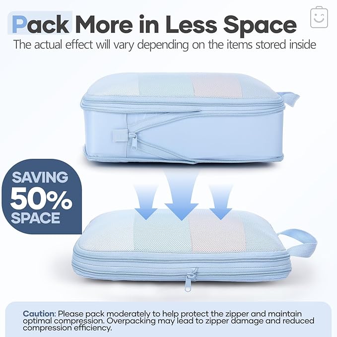 Veken 11 Set Compression Packing Cubes for Travel Essentials,Compressible Expandable Large Luggage Suitcase Organizer Bags for Clothing,Durable Space Saver Storage Bags with Toiletry Bags(Light Blue)