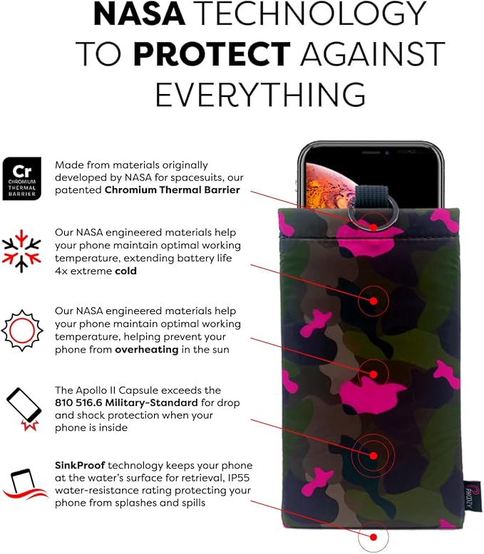 PHOOZY Apollo II Thermal Phone Case Cold Weather Insulated Pouch | Extends Battery Life 4X | NASA Tech Skiing Snowboard Accessories | Military Grade | Medium - Pink CAMO