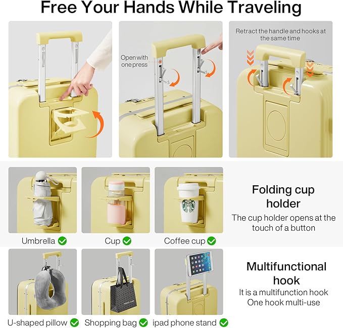 mixi Carry On Luggage with Cup Phone Holder and Charger Hard Shell Suitcases with Spinner Wheels,20 Inch Lark Yellow