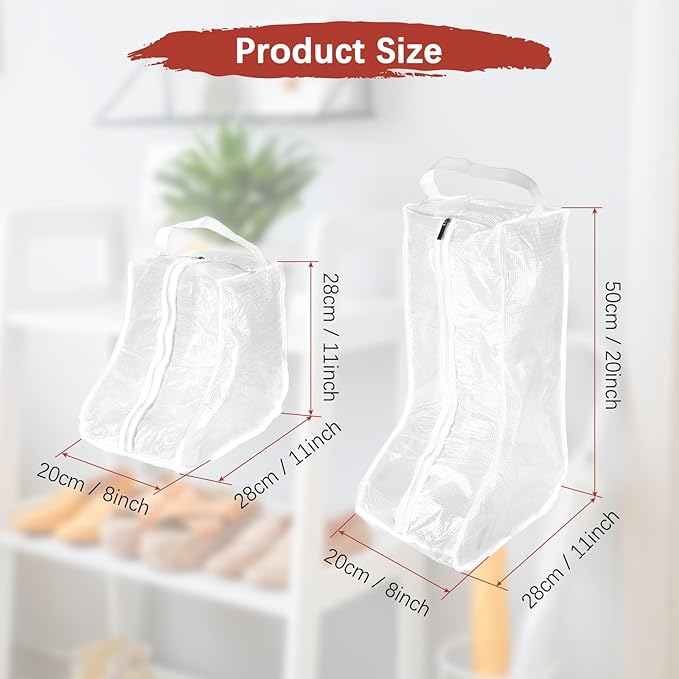 Boot Storage Bags [4PCS] - Plastic Tall Short Boot Carry Bags Clear Shoe Bags with Handle for Travel & Daily Use - [White] Waterproof & DustProof Boot Bags for Cowboy Boots