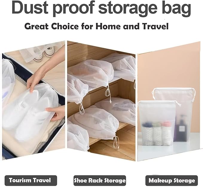 Frosted Clear Plastic Travel Shoe Bag for Men Woman Travel Organizer, 15Pcs Washable Translucent Drawstring Pouch with Rope for Golf GYM Sneaker Clothes Suitcase Home Packing Storage