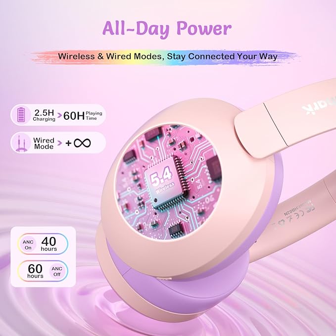 Noise Cancelling Headphones for Kids,Colorful RGB LED Lights, 60H Playtime, Bluetooth 5.4 Wireless Over-Ear Headset Built-in Microphone for Home/School/Party- Includes Portable Case(Pink)