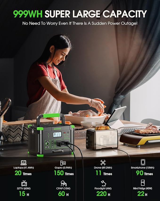 Portable Power Station 999Wh Solar Generator 1000W, 110V Pure Sine Wave AC Outlet, 60W USB-C PD Fast Charging, 10 Ports for Home Backup, Outdoor Camping, RV Travel, Emergency (2000W Surge)