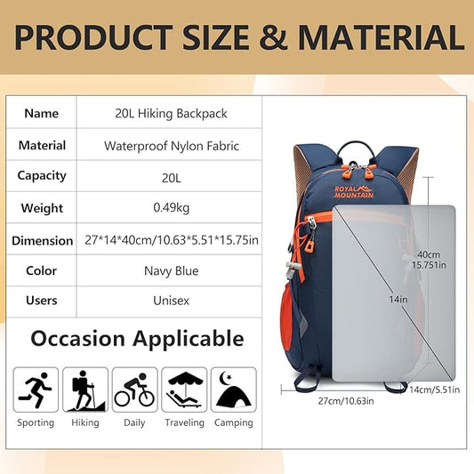 Small Hiking Backpack With Rain-cover, 20L Travel Backpacks For Women Men, Camping Daypack Backpacks Lightweight, Durable Hiking Backpack Fit For Camping, Daily Commuting, Short Trips (Navy Blue)