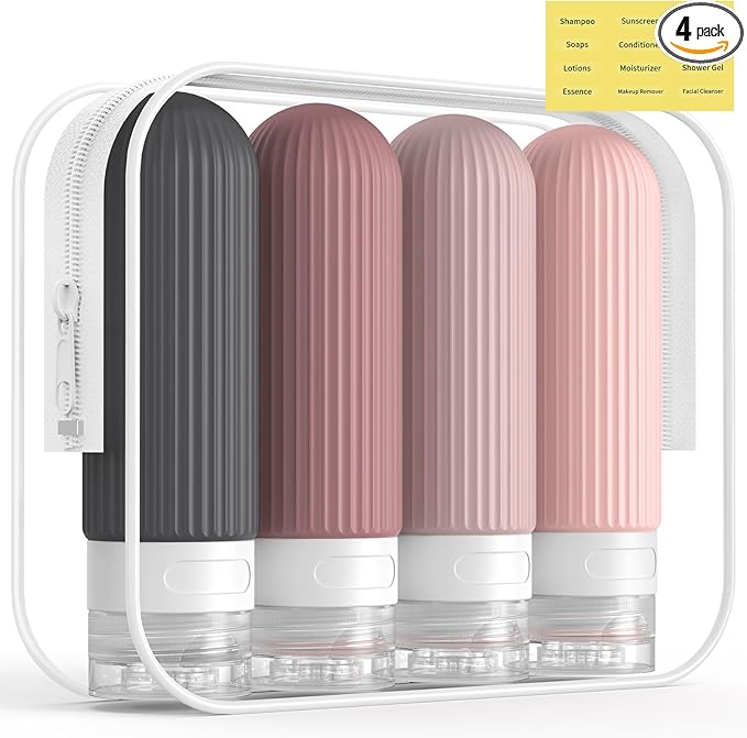 ME.FAN Travel Bottles for Toiletries, TSA Approved 3oz Silicone Journey Size Containers, Portable Split Bottle for Conditioner, Shampoo, Lotion- 4 Pack Pink