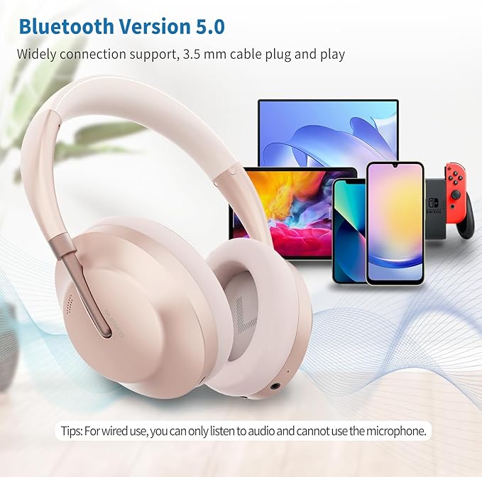 Wireless Bluetooth Headphones Active Noise Cancelling Over-Ear Headphones with Microphone for Cellphone/Laptop/Computer (Rose Gold)