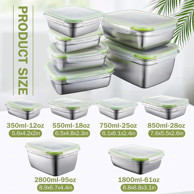 Teecyhooo 12 Pcs 304 Stainless Steel Food Storage Containers with Leakproof Airtight Lids 95/61/28/25/18/12 oz Meal Prep Container Stackable Bento Lunch Snack Box for Kitchen Travel Picnic Camping