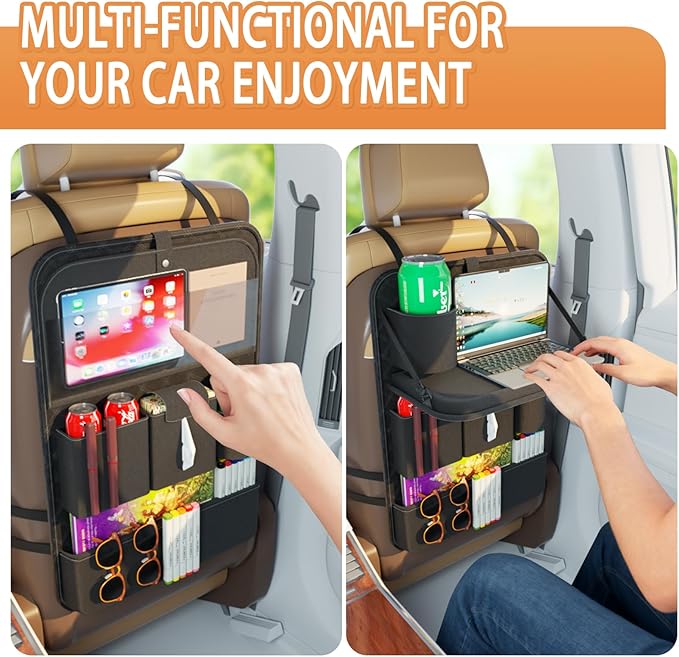 GMQ Backseat Car Organizer with Tray,Back Seat Car Organizer for Kids,Multifunctional Seat Back Organizer with Foldable Tablet Holder (Black, 2PCS)