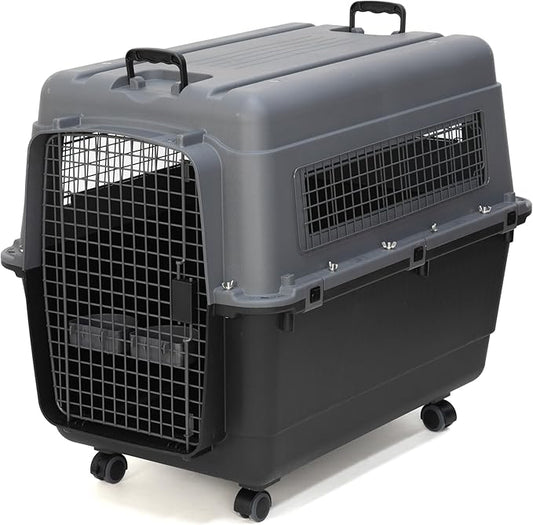 SportPet Airline Approved Wire Door Travel Dog Crate, Durable Plastic Pet Travel Kennel with Removable Wheels,Collapsible, Food Bowls & Accessories,Fits Dogs up to 32" L & 24" H - X-Large -Gray/Black