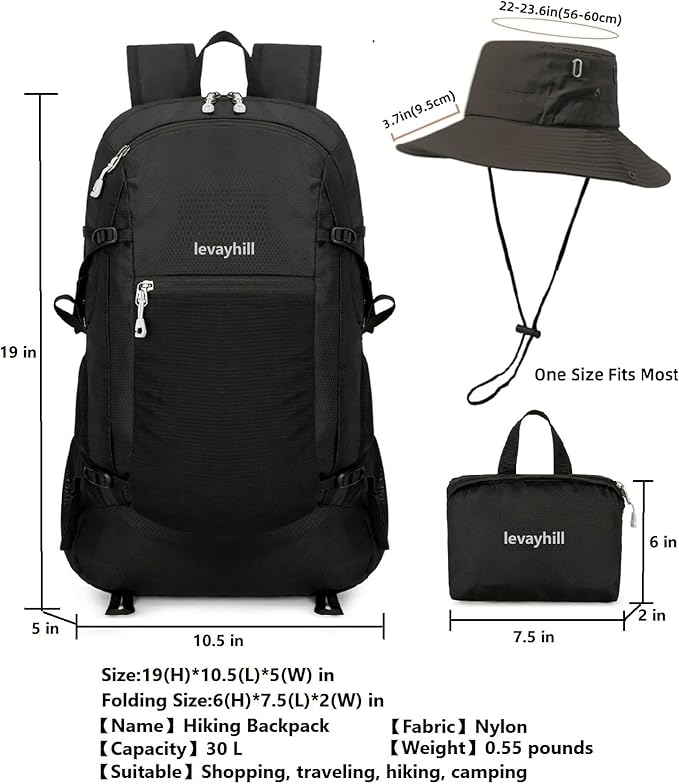 30L Foldable Backpack & Bucket Hat 2 In 1 Combo, Lightweight packable Travel and Fisherman Hat Set, Compact Collapsible Daypack with Sun Hat (Black)