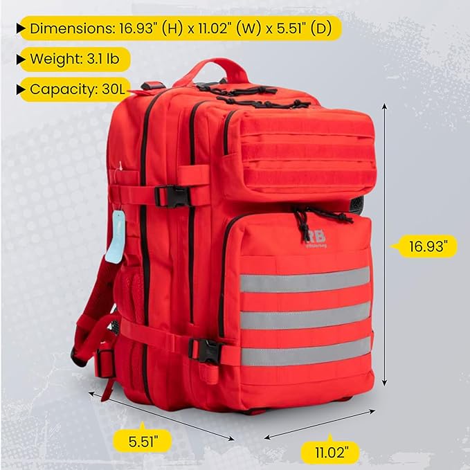 Xtreme 30L Tactical Backpack – Carry On Travel and Gym Daypack with 16 inch Laptop Sleeve, Stick Holder, Double Bottle Pockets, Recycled Fabric Shell, Rain Cover (Red)