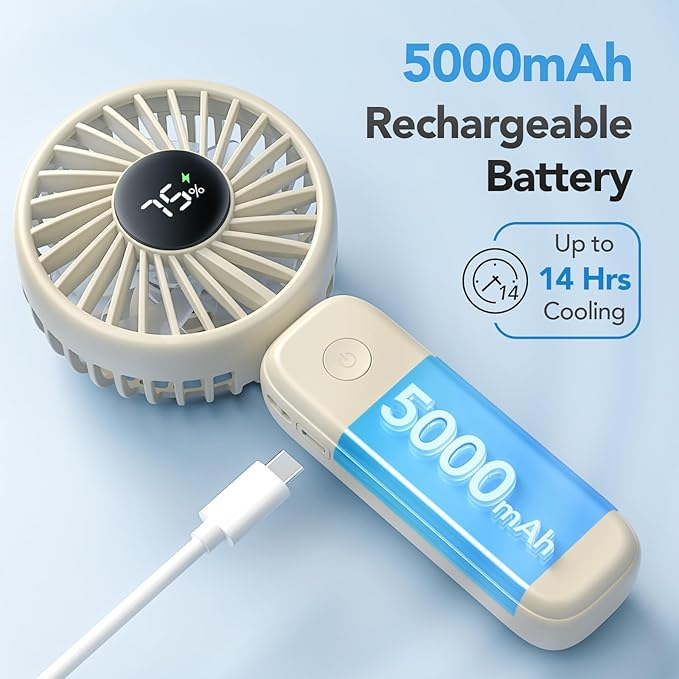 PANERGY Portable Handheld Fan, 5000mAh Rechargeable, 14H Max Cooling Time, 4 Gear Wind & LED Display, 90° Foldable Design, 3-IN-1 Mini Fan for Travel Working Concerts Makeup - Beige
