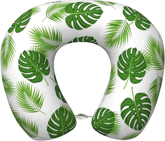 Neck Pillow Memory Foam Chin Cushion with Breathable Cover Tropical Leaf Green Banana Palm Leaves, Cute Airplane Car Pillows for Office Head Pain Relief