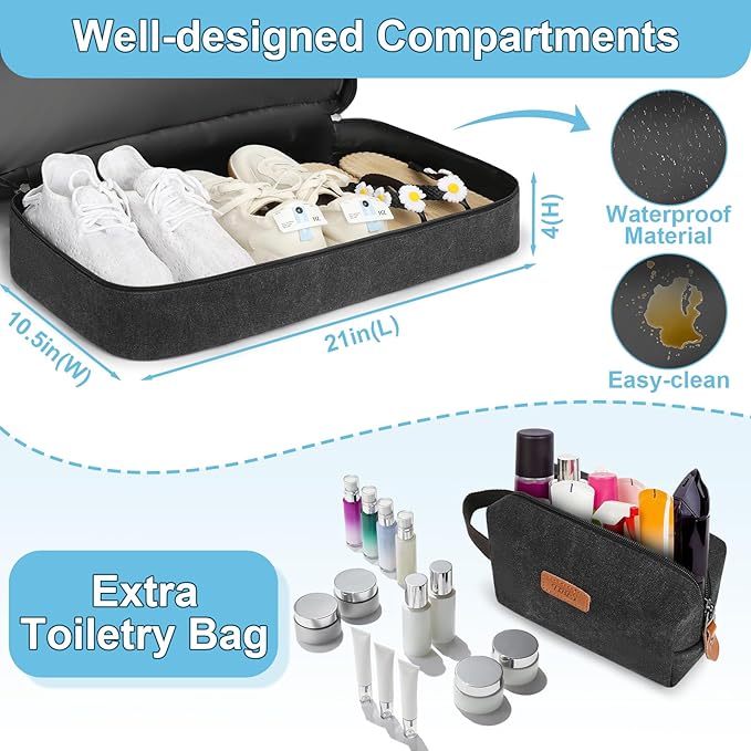 Canvas Travel Duffel Bag for Men - 21 Inch Expandable 47L Weekender Bags with Trolley Sleeve & Toiletry Bag, Overnight Carry On Luggage with Removable Shoulder Strap, Durable & Water-Resistant