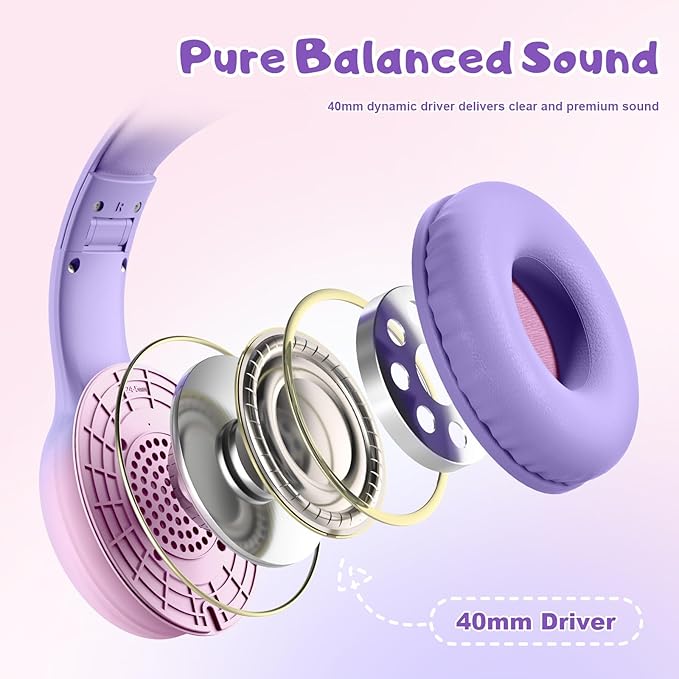 USB Type C Kids Headphones, Wired Headphones for Kids with Microphone 85/94dB Volume Limit, Stereo Sound Portable Over Ear Headphones for School/Travel/Tablet/iPad, Violet Pink