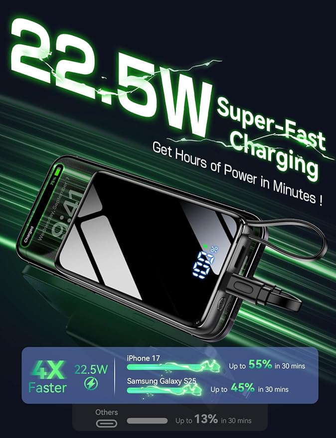Portable Charger Power Bank 50000mAh, 22.5W Fast Charging Portable Charger with Built-in Cables, Travel Camping 4 Outputs External Battery Pack, LED Display for iPhone, Android, iPad, Black